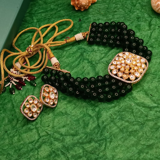 Green Beaded Kundan Choker Necklace Set with Stud Earrings