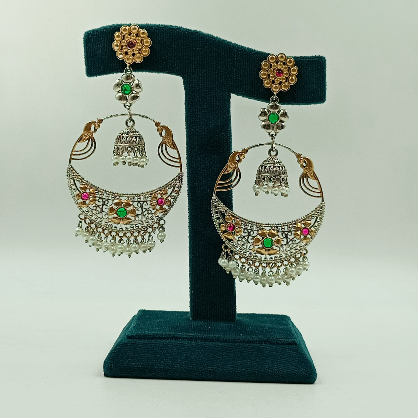 Oxidised peacock chandbali jhumka earrings with colourful stones and pearl drops