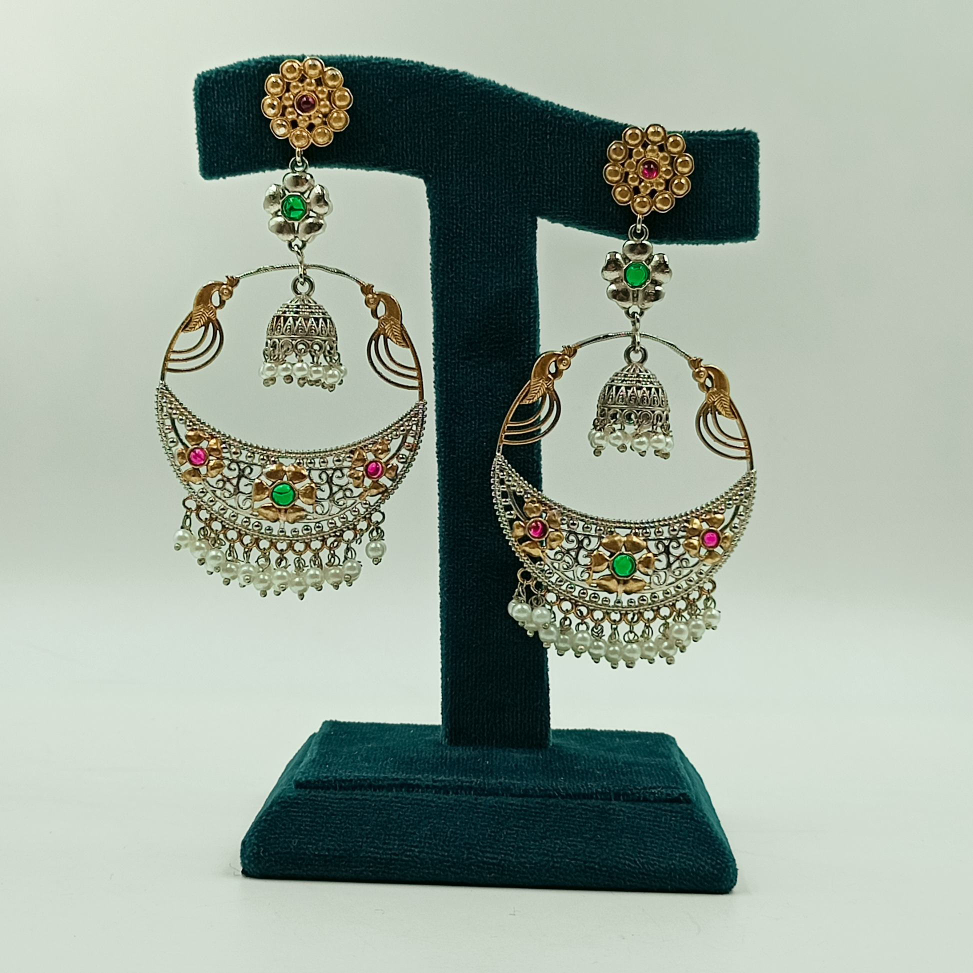 Oxidised peacock chandbali jhumka earrings with colourful stones and pearl drops