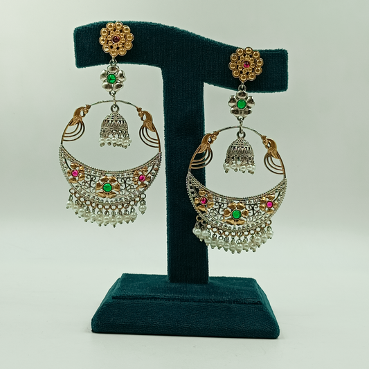 Oxidised peacock chandbali jhumka earrings with colourful stones and pearl drops