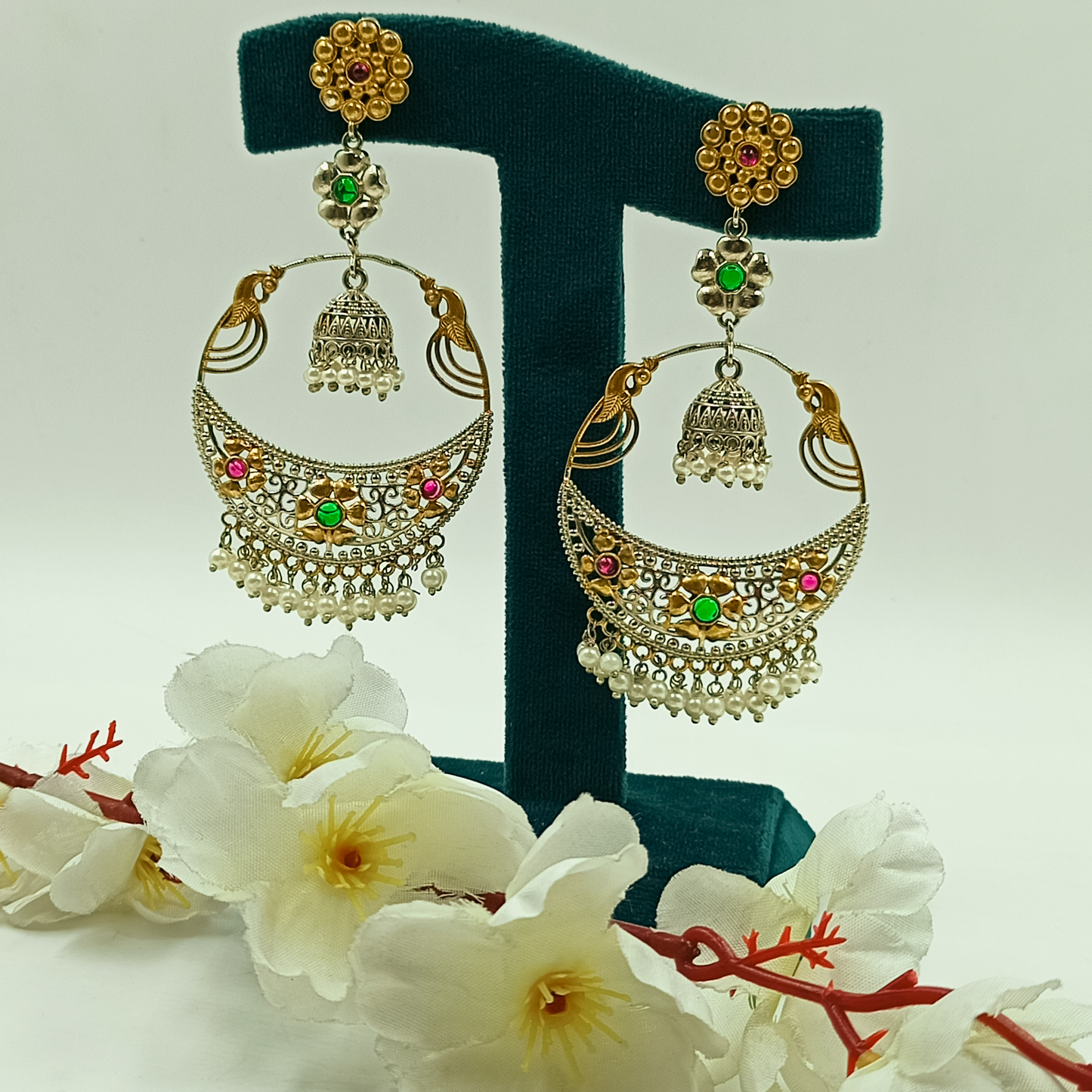 Oxidised Peacock Chandbali Earrings with Jhumka & Pearl Drops