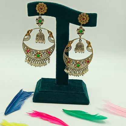 Oxidised Peacock Chandbali Earrings with Jhumka & Pearl Drops
