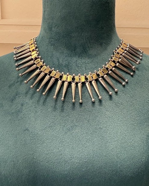 Dual-Tone Spike Fringe Oxidised Necklace Set