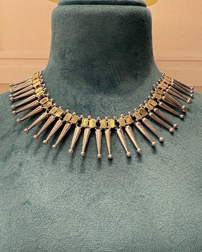 Dual-Tone Spike Fringe Oxidised Necklace Set