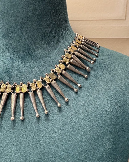 Dual-Tone Spike Fringe Oxidised Necklace Set