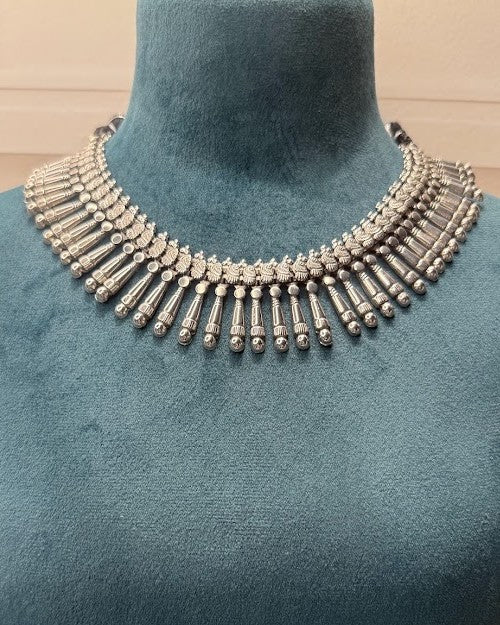 Oxidised brass Keri paisley choker set with Gada-inspired bud fringe - front view