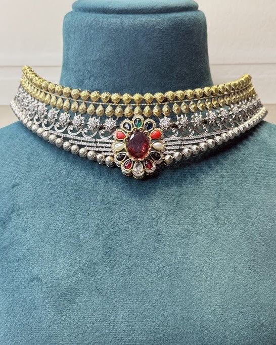 Navratna-Style Dual-Tone Oxidised Choker Set