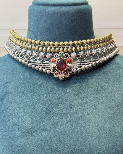 Navratna-Style Dual-Tone Oxidised Choker Set
