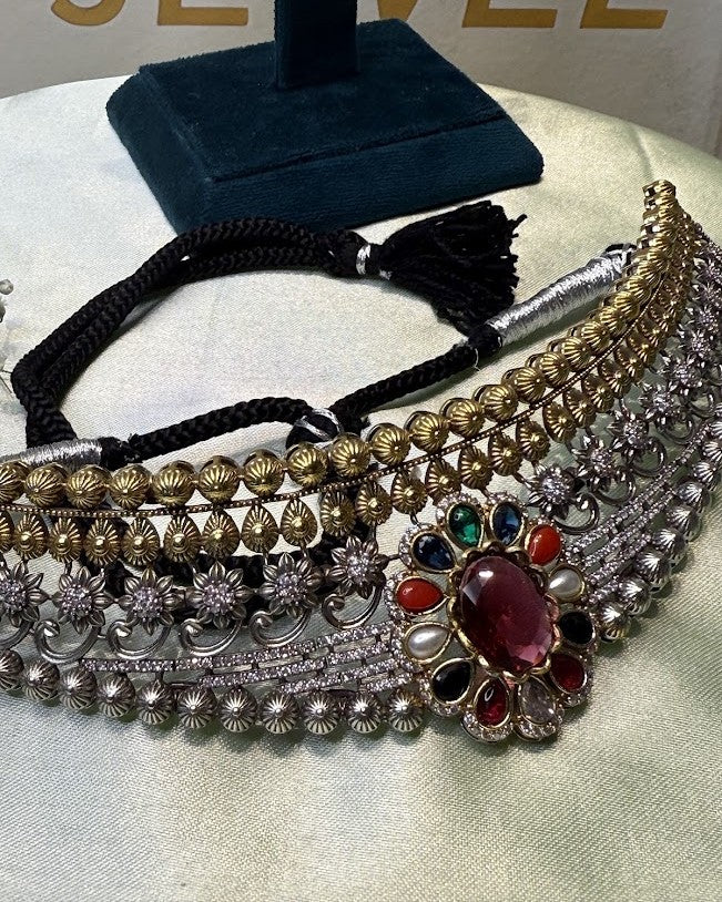 Navratna-Style Dual-Tone Oxidised Choker Set