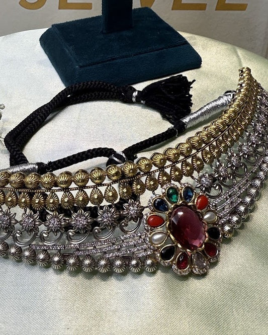 Navratna-Style Dual-Tone Oxidised Choker Set