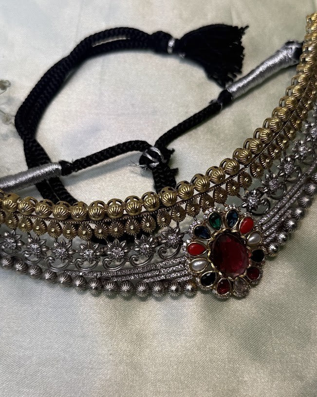 Navratna-Style Dual-Tone Oxidised Choker Set