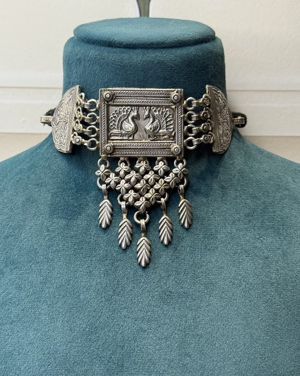 Paired Peacock Oxidised Choker Necklace