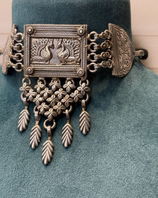 Paired Peacock Oxidised Choker Necklace