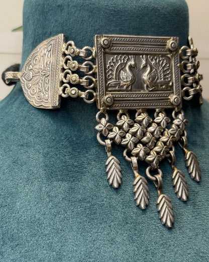 Paired Peacock Oxidised Choker Necklace
