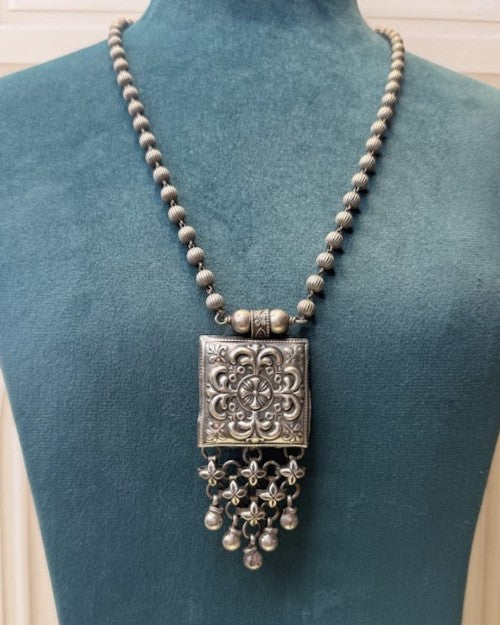 Floral Taweez Oxidised Pendant Necklace