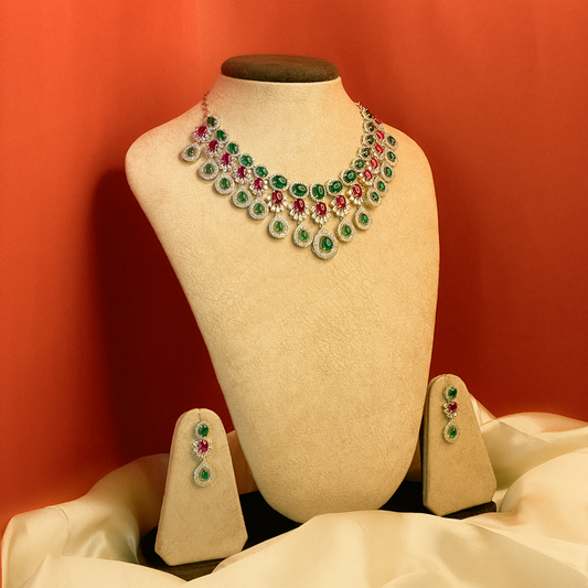 Emerald Green & Ruby Red Rhodium Necklace Set