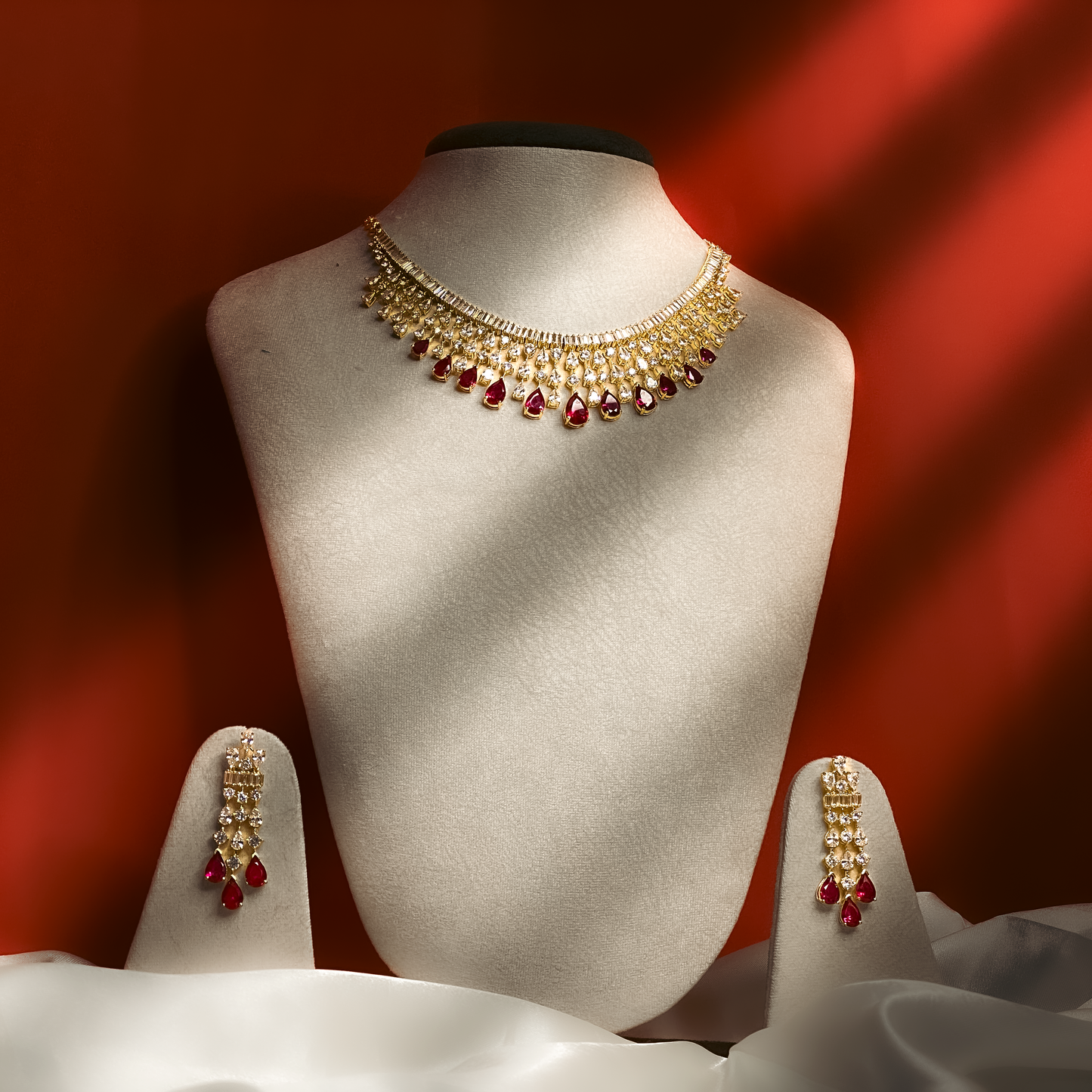 Red & White Chandelier Necklace Set with Drop Earrings
