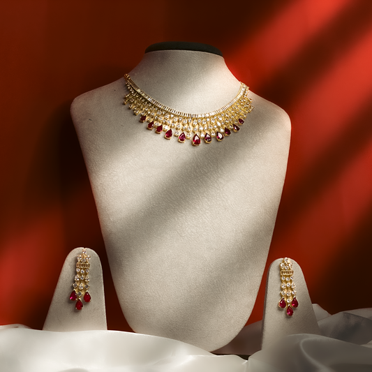 Red & White Chandelier Necklace Set with Drop Earrings