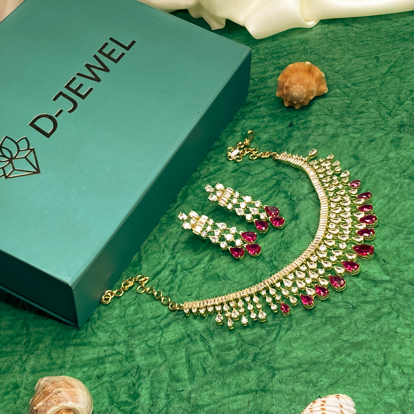 Red & White Chandelier Necklace Set with Drop Earrings