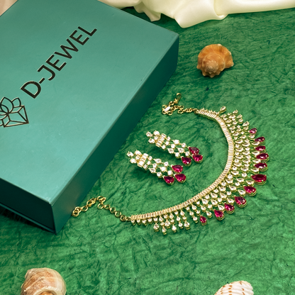 Red & White Chandelier Necklace Set with Drop Earrings