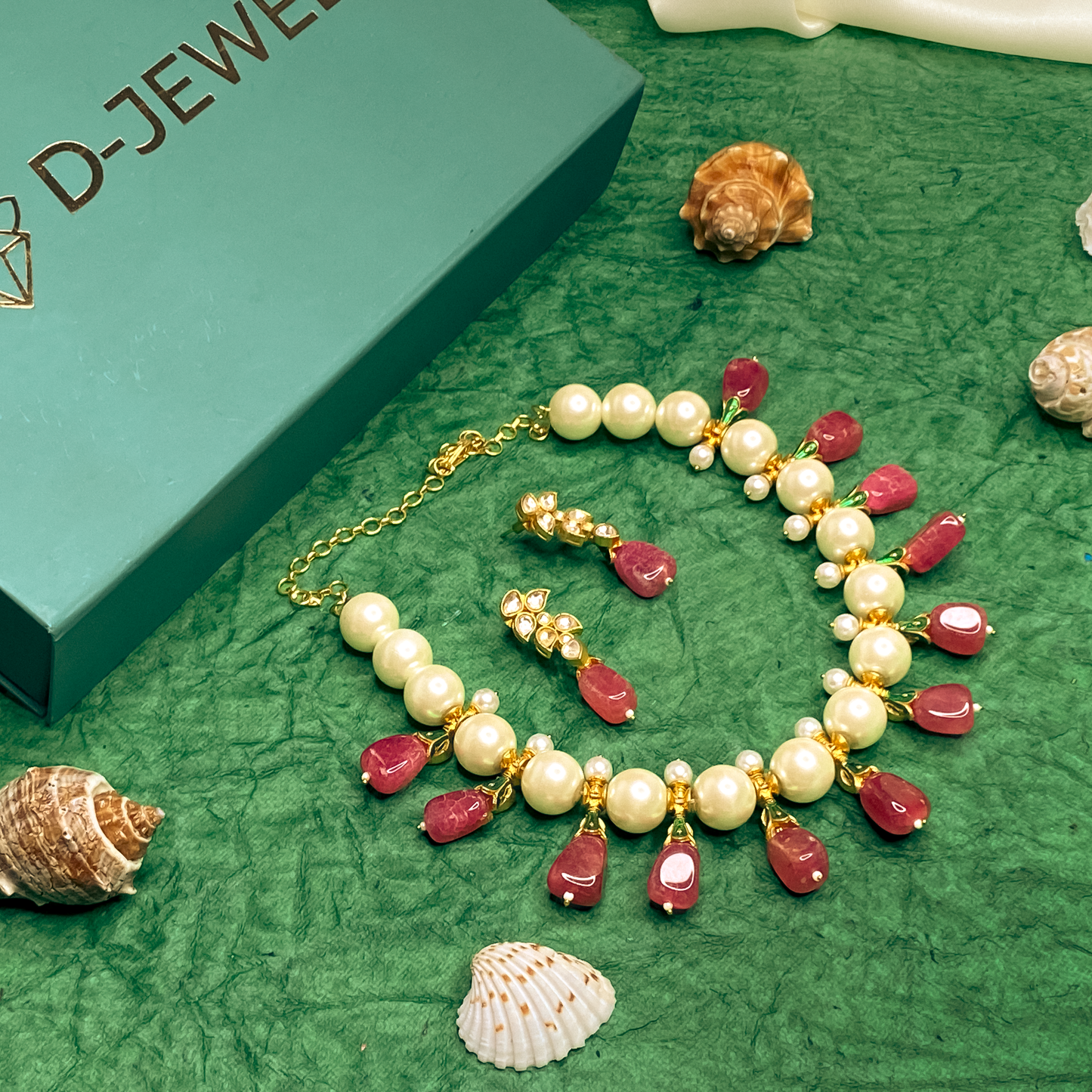 Pearl Choker Necklace Set with Red Teardrop Drops