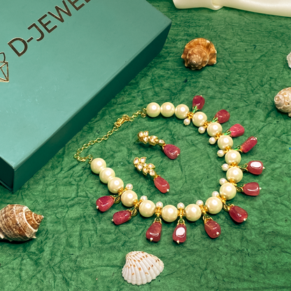 Pearl Choker Necklace Set with Red Teardrop Drops