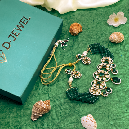 Green Beaded Kundan Choker Necklace Set with Drop Earrings