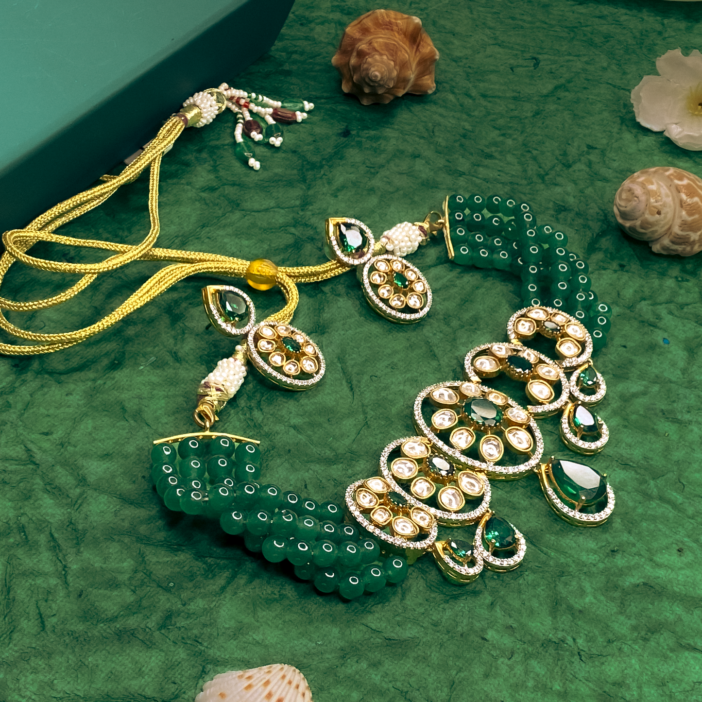 Green Beaded Kundan Choker Necklace Set with Drop Earrings