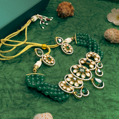 Green Beaded Kundan Choker Necklace Set with Drop Earrings