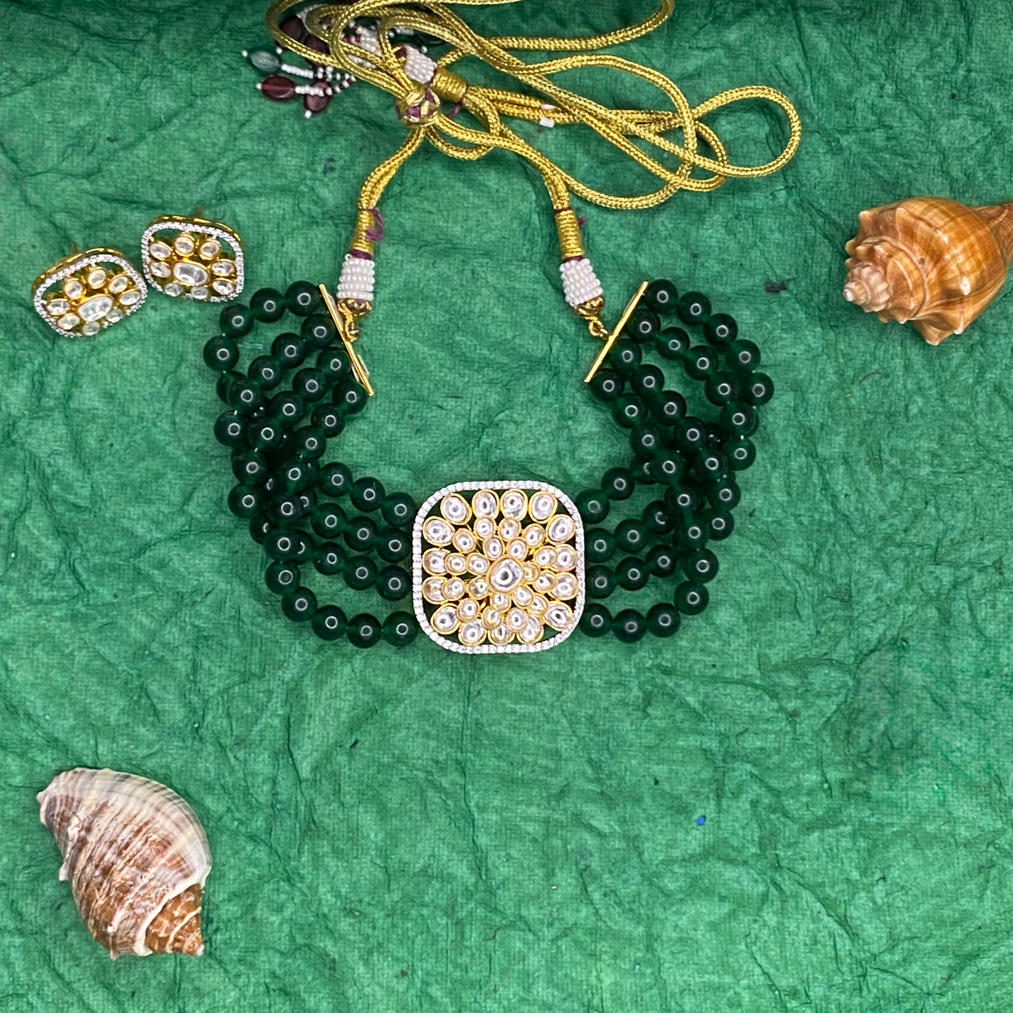 Green Beaded Kundan Choker Necklace Set with Stud Earrings