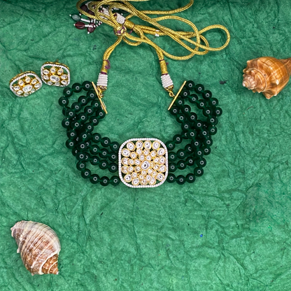 Green Beaded Kundan Choker Necklace Set with Stud Earrings