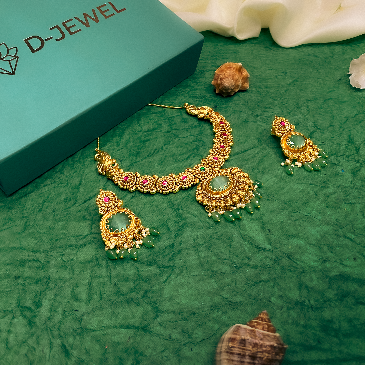 Green Stone Traditional Necklace Set with Drop Earrings