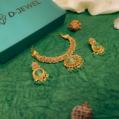 Green Stone Traditional Necklace Set with Drop Earrings
