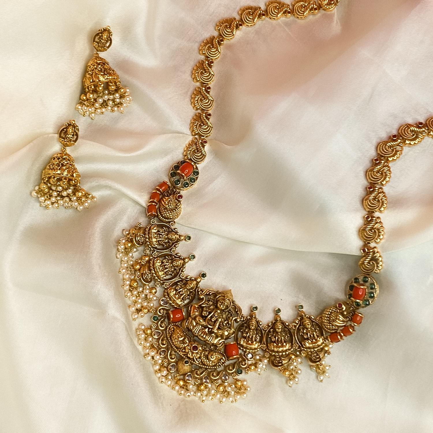 Antique Temple Lakshmi Necklace Set with Pearl Jhumka Earrings