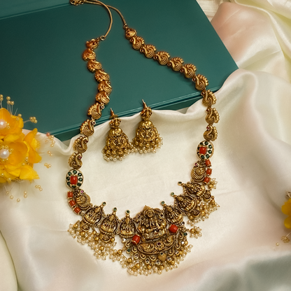 Antique Temple Lakshmi Necklace Set with Pearl Jhumka Earrings