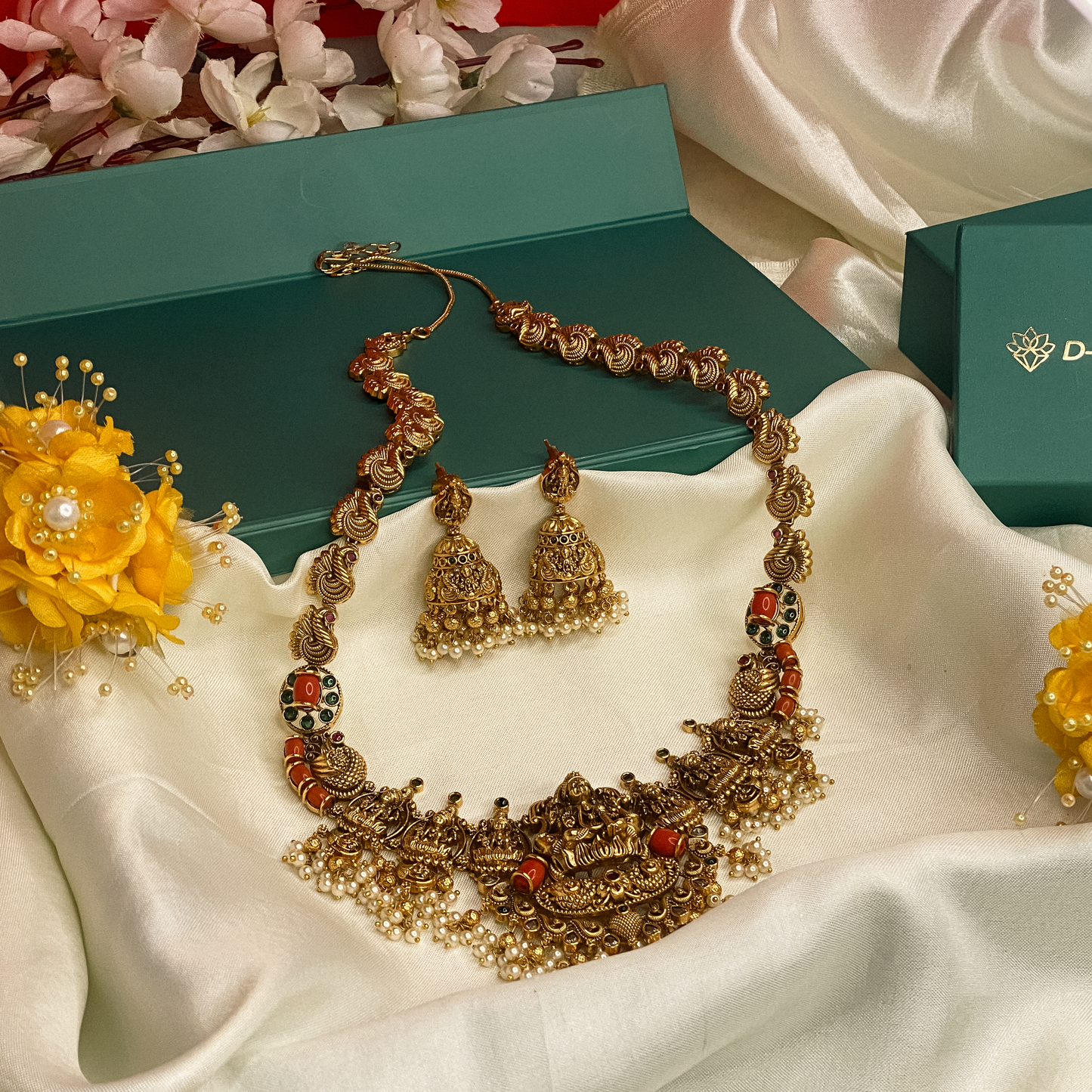 Antique Temple Lakshmi Necklace Set with Pearl Jhumka Earrings