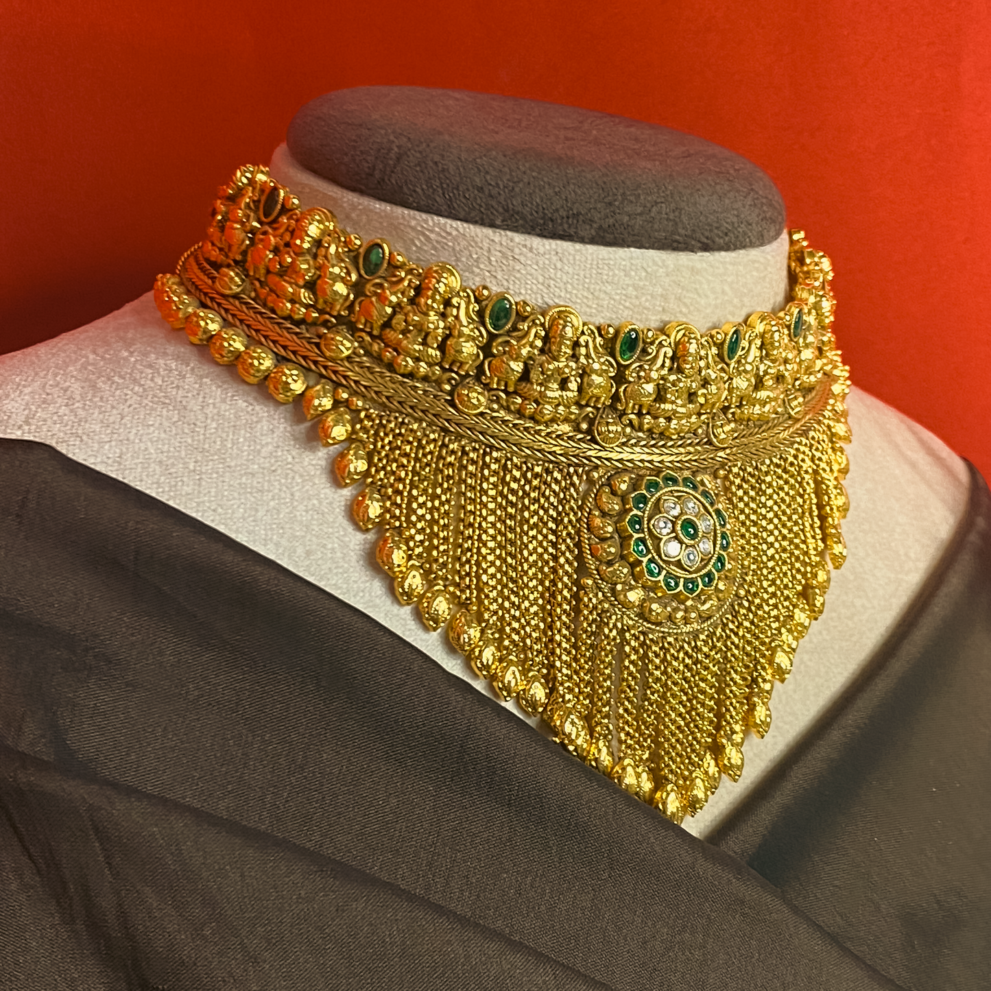 Antique Gold Temple Choker Necklace Set with Jhumka Earrings