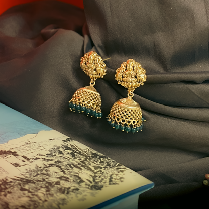 Antique Gold Temple Choker Necklace Set with Jhumka Earrings