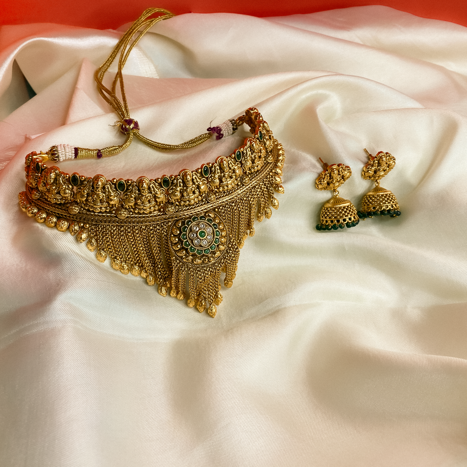 Antique Gold Temple Choker Necklace Set with Jhumka Earrings