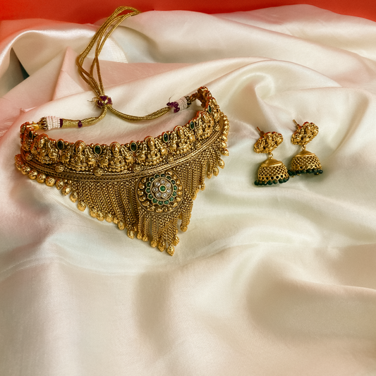 Antique Gold Temple Choker Necklace Set with Jhumka Earrings
