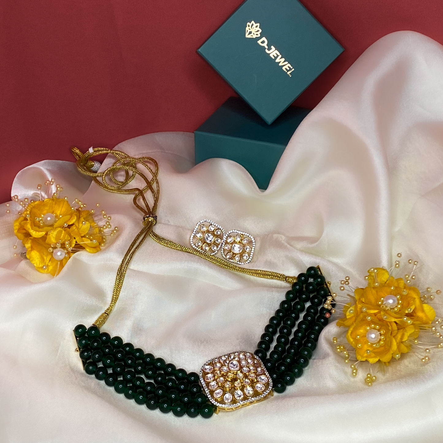 Green Beaded Kundan Choker Necklace Set with Stud Earrings