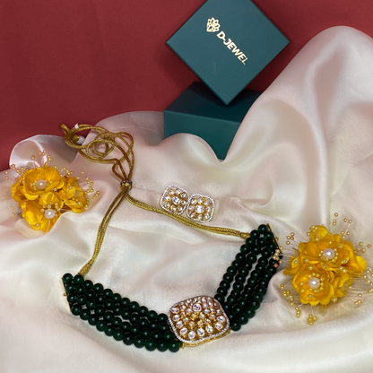 Green Beaded Kundan Choker Necklace Set with Stud Earrings