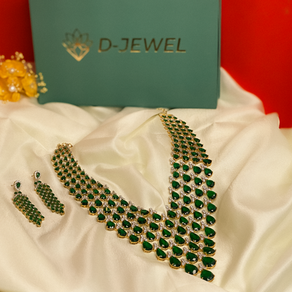 Green Pear Stone Long Necklace Set with Drop Earrings