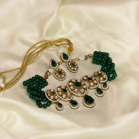 Green Beaded Kundan Choker Necklace Set with Drop Earrings
