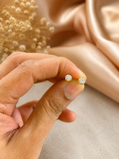 Men’s Round Crystal Stud Earrings, 22KT Gold Plated
