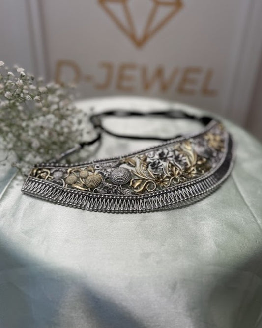 Oxidised Dual-Tone Garden Relief Crescent Choker Set