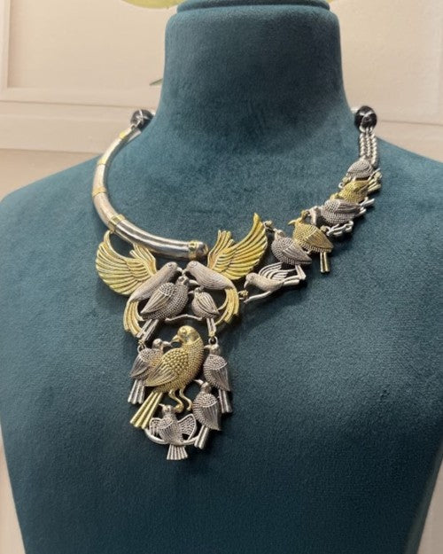 Oxidised Dual-Tone Bird Hasli Necklace Set