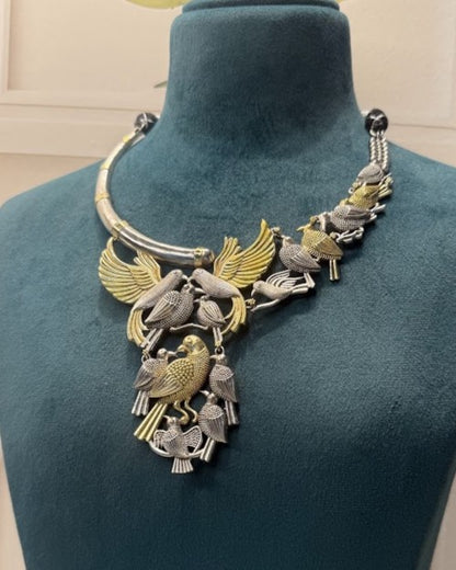 Oxidised Dual-Tone Bird Hasli Necklace Set