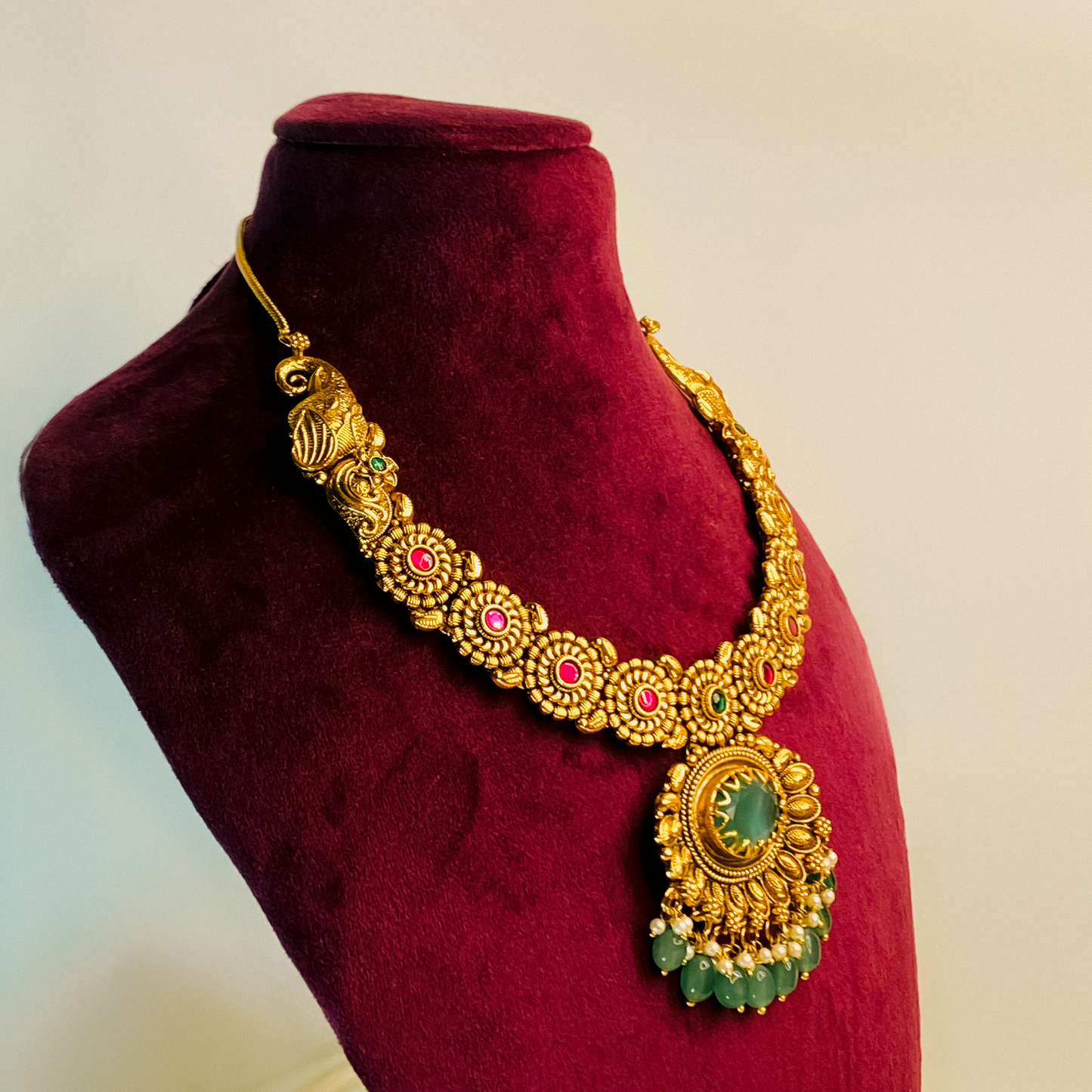 Green Stone Traditional Necklace Set with Drop Earrings