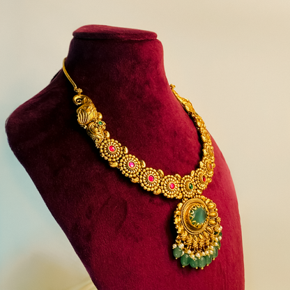 Green Stone Traditional Necklace Set with Drop Earrings